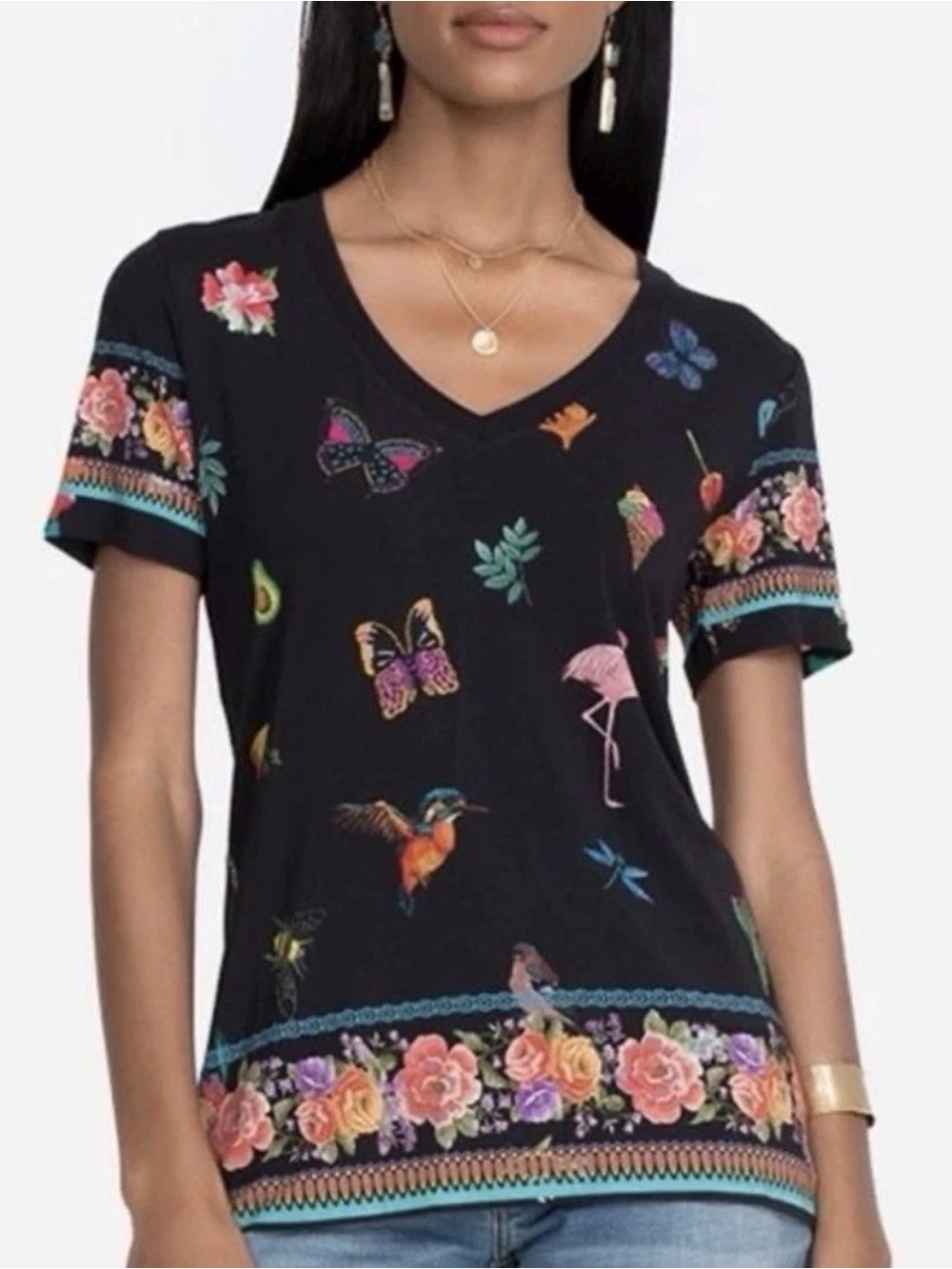 Johnny Was Black Floral & Butterfly V-Neck Women's Tee